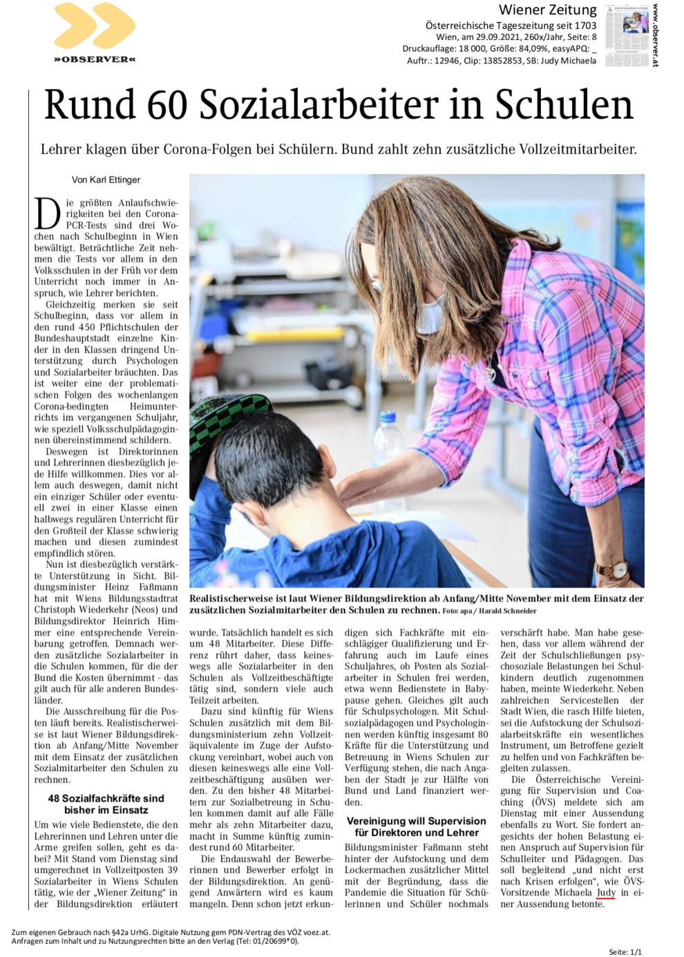 Wiener Zeitung, 29.09.2021: Rund 60 Sozialarbeiter in Schulen
