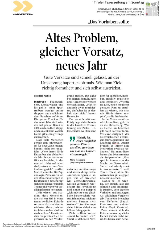 Tiroler Tageszeitung, 01.01.2022: Altes Problem, gleicher Vorsatz, neues Jahr